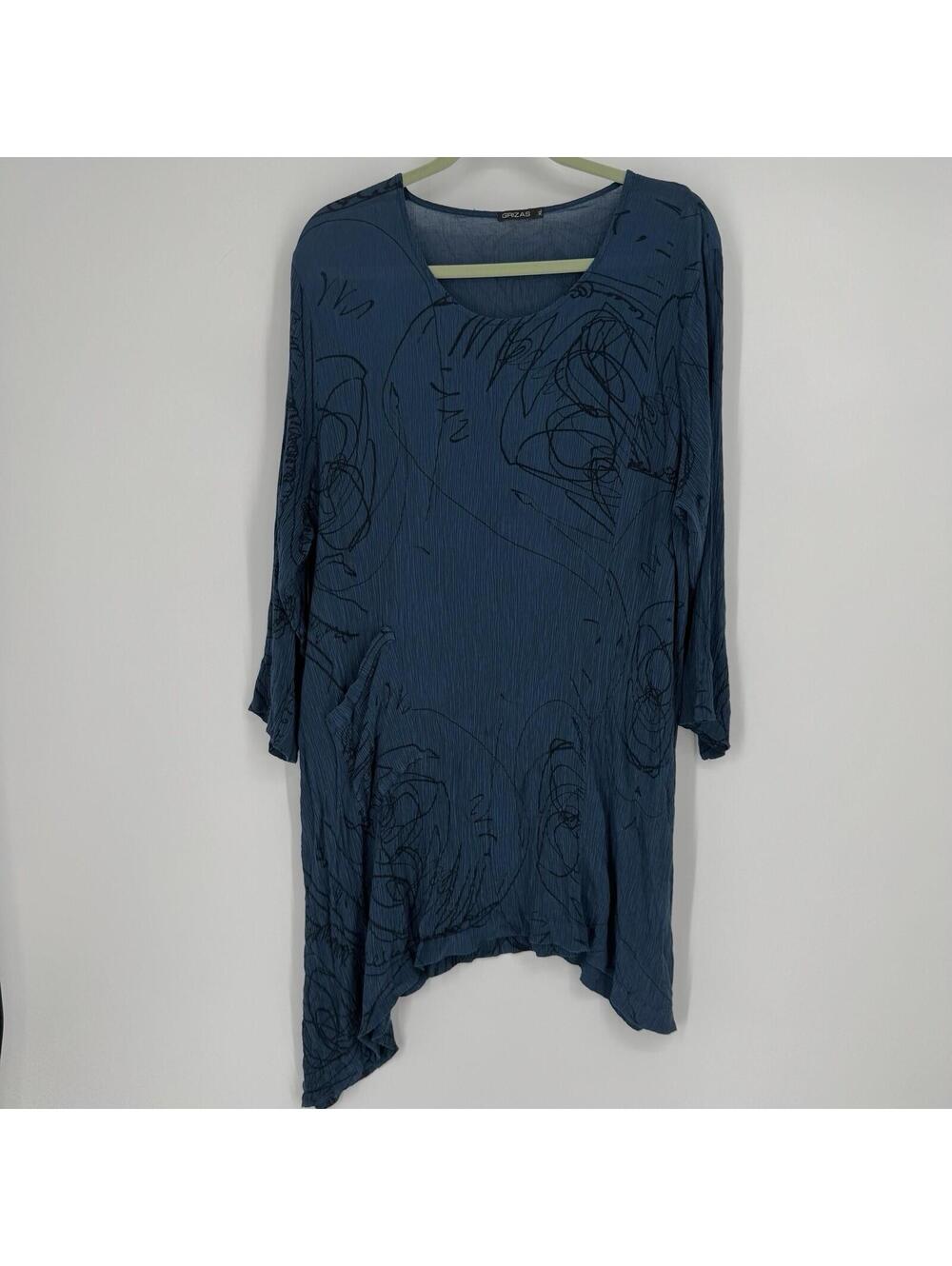 Grizas top womens XL blue tunic silk blend artsy art to wear lagen look summer